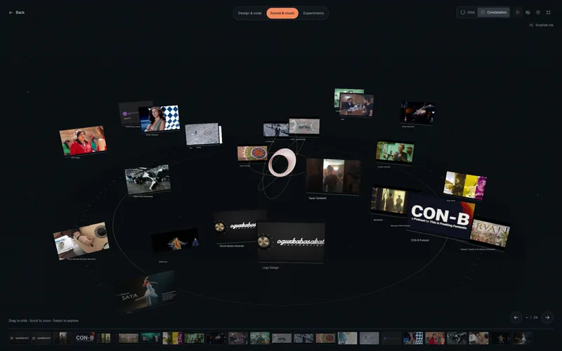 Dark 3D portfolio gallery with project panels arranged around a player